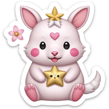 GENERATE ME A MOMONGA WHITE ANIMAL  FROM CHIIKAWA AND PUT A SAKURA FLOWER ON HIS HEAD AND A STAR PELT ON HIS BELLY AND A HEART PURSE ON HIS ARM WITH HIS FACE MAKE HIS TOUNGE STICK OUT WITH A LITTLEPINCH OFDROOL AND MAKE HIM ANIME sticker