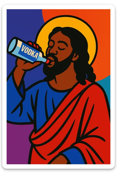 Black Jesus drinking vodka, expressive, respectful, modern illustration, vibrant colors, contemporary art style sticker