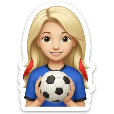 A girl with long light blonde hair with make-up on that looks around 13 years old with a soccer ball sticker