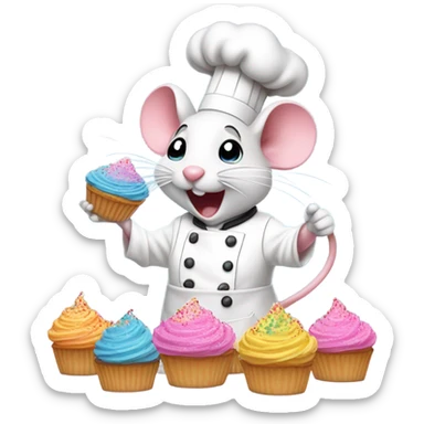 white mouse baking pink cupcakes with rainbow sprinkles sticker