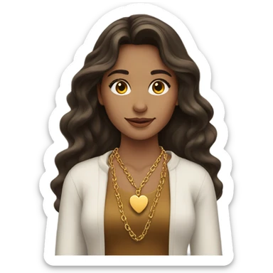 Brunette girl with long hair wavy wearing gold heart necklace  sticker