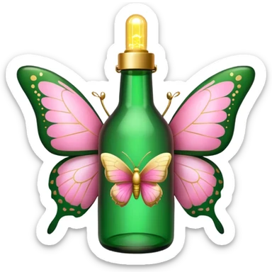 green bottle adorned with gold details and lights, pink butterflies, emoji style sticker