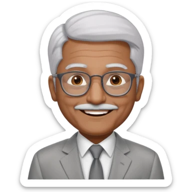 60 yr old indian man, short straight white hair brushed foreward , light grey business suit, big smile, dark brown skin, no moustache, dark brown eyes, glasses
 sticker