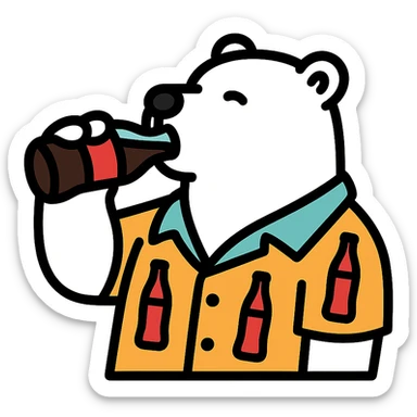 polar bear wearing a Hawaiian shirt with Coke bottles printed on it, drinking a bottle of Coca-Cola sticker