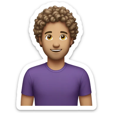 white Man with laptop in purple tshirt with curly hairs sticker