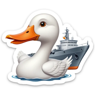 A cartoon military ship with planes on the deck and a large white goose head with orange bill at the front sticker