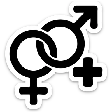Interlocking gender symbols with subtle medical cross, representing sexual health clinic sticker