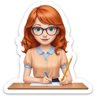 redheaded woman with long wavy hair and bangs, blue eyes, clear cat-eye glasses, short-sleeve apricot blouse, pencil skirt, holding a pencil, smiling sticker