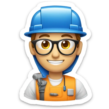 Tecnico electricista, con chaleco azul y gorra, gafas de trabajo, hombre, saludando con una mano dedo pulgar arriba, mirando de medio lado, feliz sticker