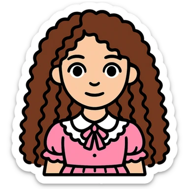 Make the girl with longer curly brown hair, keeping her light skin, brown eyes, white blouse with ruffles, and pink skirt with ruffles, no background. sticker
