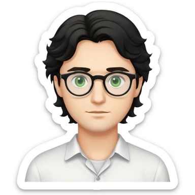 Chico blanco con ojos redondos de color verde , cabello negro semi largo ondulado y con camisa blanca y con gafas  europeo  sticker