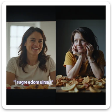 realistic split-screen scene: smiling influencers on screen saying sugar is not harmful, strong lights and bright colors; right side shows a person with a suffering expression surrounded by junk food, muted tones and shadows; contrast between appearance and truth, 4K quality sticker