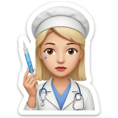 healthcare professional nurse holding a syringe in hand, doubtful expression, one raised eyebrow, crooked mouth, as if wondering something sticker