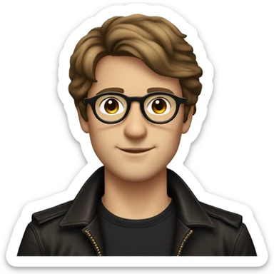 androgynous guy with brown hair and brown eyes and round glasses with an aviator 70s vibe in a black tee winking with a peace sign  sticker