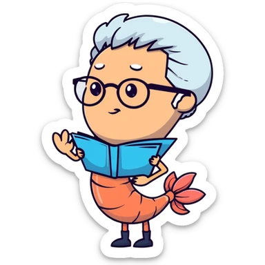a little shrimp that is old with white hair and glasses, elderly shrimp character with white eyebrows and hair, wearing round glasses sticker