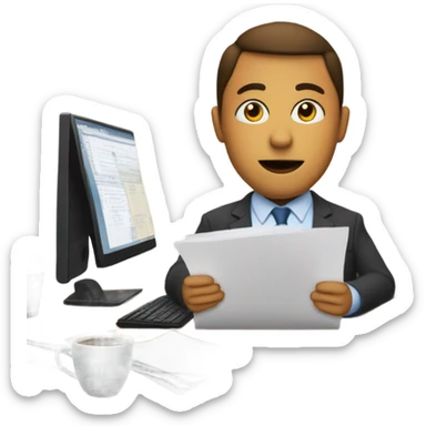 worker at a desk inside an office building, wearing business attire, with a computer and simple office details like coffee or papers sticker