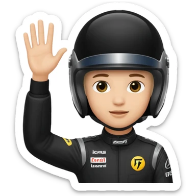 A red-bull f1 driver wearing the f1 black suit and helmet raising his hand as he celebrate sticker