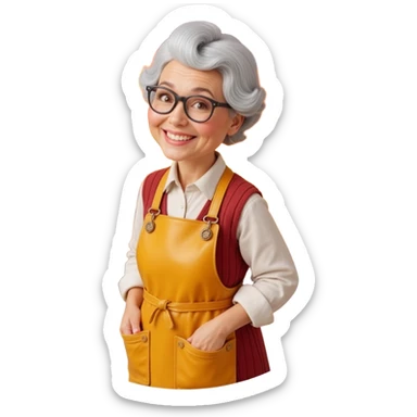 Portrait of a proud grandma wearing a golden apron, standing in front of a glowing oven, cookies baking inside, magical warmth, emoji-style sticker