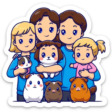 Family portrait with father with dark brown hair and blue eyes, mother with light brown hair and blue eyes, three blonde little girls with blue eyes, plus a grey cat and two guinea pigs sticker