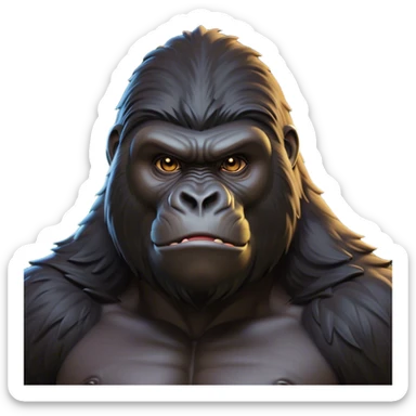 Cinematic Noble Gorilla Portrait Emoji, Poised and commanding, with a massive, muscular build cloaked in dense, rich fur and deep, soulful eyes, Simplified yet sharp and sophisticated features, highly detailed, glowing with a soft, dignified jungle glow, high shine, intelligent and formidable, stylized with an air of primate majesty, focused and authoritative, soft glowing outline, capturing the essence of a watchful guardian that feels as though it could step out of the screen with effortless authority! sticker