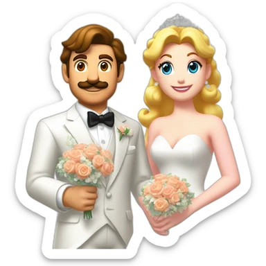 Mario and Princess Peach at their wedding, dressed in wedding attire, with Peach holding a bouquet and Mario in a white suit sticker