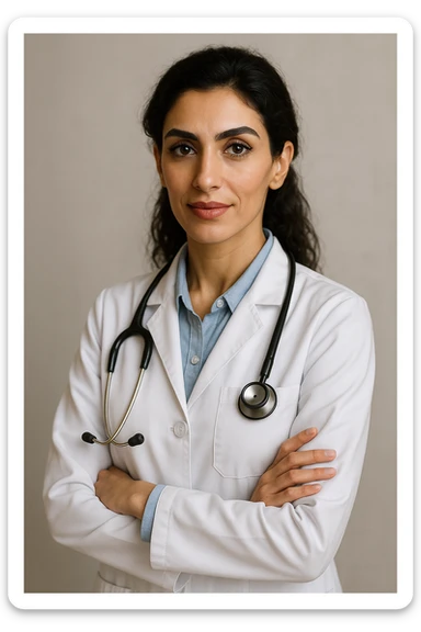 Arab doctor, 46 kg, 173 cm, medium black-brown hair, black eyes with long lashes and thick eyebrows, beautiful mouth, defined facial bone structure, prominent cheekbones, chin with a dimple (غمازة ذقن), wearing medical attire, elegant and professional appearance sticker