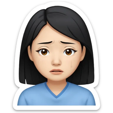 A crying East Asian woman with black hair, wearing light blue clothing. Her skin appears dry. sticker