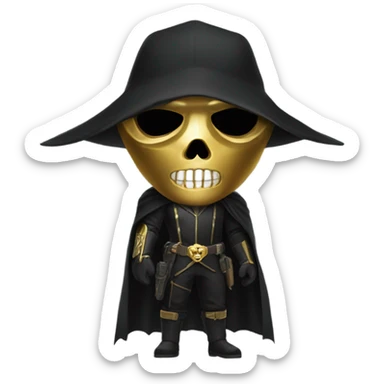 Bounty Hunter Boss with black cape and a gold skull mask from death Stranding, full body view sticker