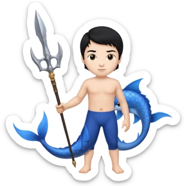 boy, black hair, brown eyes, white skin, Triton, with Triton in hand and blue Triton tail  sticker