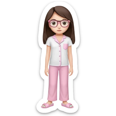 Girl age 20 years old with dark brown long hair, light skin, brown eyes, wearing a miu miu glasses the brown ones, and wearing a top in white with a pair of pyjama pants in pink and it's mocked in light pink too and a slipper in white and she looks pretty  sticker
