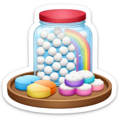 wooden tray with a jar of cotton balls, a jar of cotton swabs, a jar of cotton pads with wooden lids, with a rainbow outline sticker