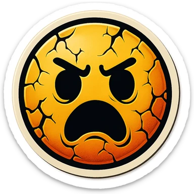 scary emoji with cracks and chips, sharp black outlines, clear shadows and highlights, no gradients, retro stickers style sticker