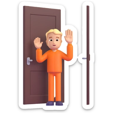 character standing in front of a door, hand up to stop, symbolizing gatekeeping sticker