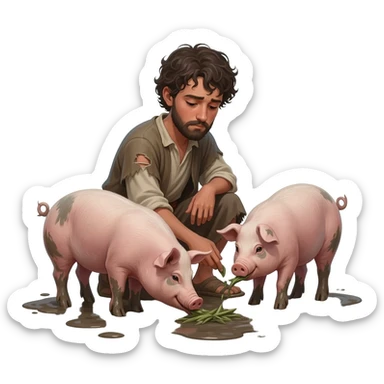 нарисую грустного  юношу 20-24 лет, как он кормит свиней в грязи   в рваной одежде  возрастом 20-24    ,  времена древнего иерусалима sticker