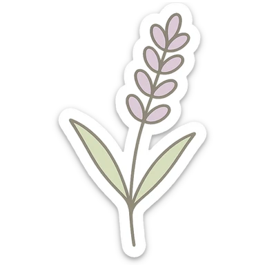 Convert this highly realistic lavender sprig back to a clean, minimal icon style with a soft background. Use simple lines and gentle color. sticker