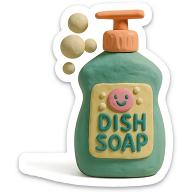 dish soap bottle in claymation style with bubbles and a playful label, pastel palette sticker