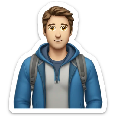 a guy with brown hair and gray eyes in a blue jacket with a backpack on his back sticker