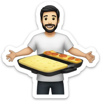 a white man with black hair and a black beard. He is happy with his arms in the air and in front of him is a raclette sticker