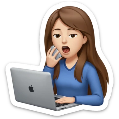 brown hair woman with long straighrt hair holding laptop and yawning from tiredness. looking tired sticker