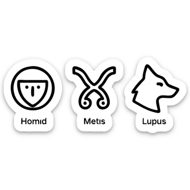 simple, distinct icon set of breed symbols from Werewolf: The Apocalypse V20 including Homid, Metis, Lupus, matching the tribal glyph style, clean and high-contrast sticker