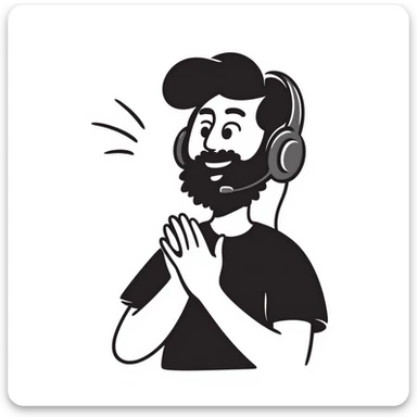 Man with black hair, brown eyes, and black beard wearing gaming headset clapping hands in celebration sticker