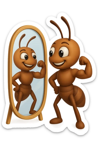 EMOJI STILE IPHONE 3D DI una formica che si guarda allo specchio felice e sicura di sè mentre contrae il suo bicipite muscoloso, fagli anche la parte bianca degli OCCHI, non solo la pupilla sticker