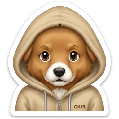 Dog wearing hoodie with Gus on hoodie sticker