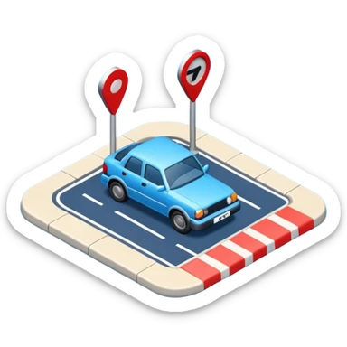 
A 3D minimal icon showing a street route to a destination with a single vehicle, a blue road, and small red accents for alerts. The style is clean, minimal 3D, with a transparent background. sticker