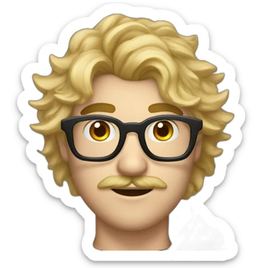 A man with blond messy hair and a mustache, wearing a black squared shaped eye glasses, a black witch hat and black  robe sticker