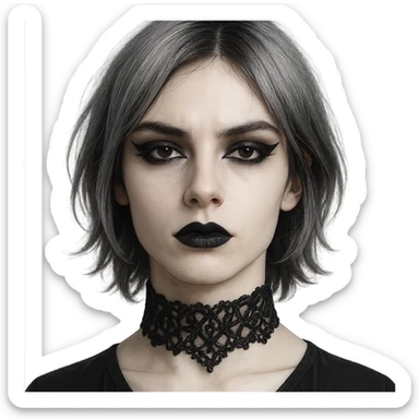 goth face, androgynous, silver hair, black lace choker, dramatic eyeliner sticker