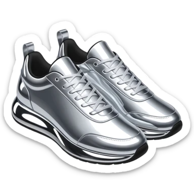 A pair of futuristic sneakers emoji made of silver chrome, sleek streetwear design, smooth metallic panels, subtle reflections, luxury swag aesthetic, iOS emoji style, centered, clean white background sticker