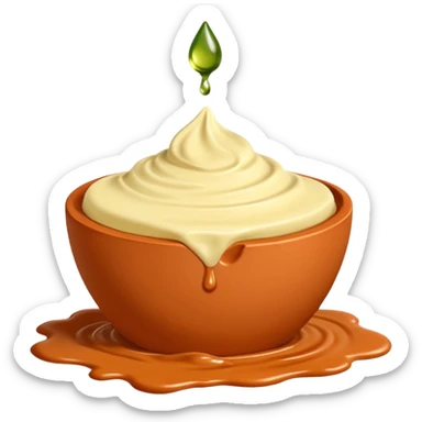 Un primer plano fotorrealista de un trozo de manteca de Karité pura, con una gota de aceite esencial cayendo lentamente. Colores: crema, terracota y toques de verde oliva. Enfoque suave. sticker