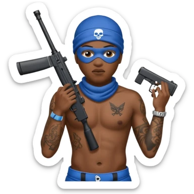 Ebony Crip gang member with no shirt an ski mask with tattoos all over holding AR 15 sticker
