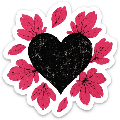 goth sakura heart, grunge texture, distressed black heart, pink sakura petals, raw and bold sticker